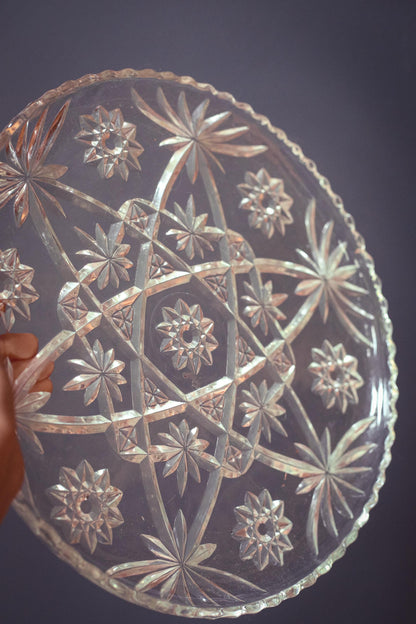 Set of 2 Anchor Hocking Prescut Extra Large Clear Torte Plates - Vintage Large Crystal Serving Platters