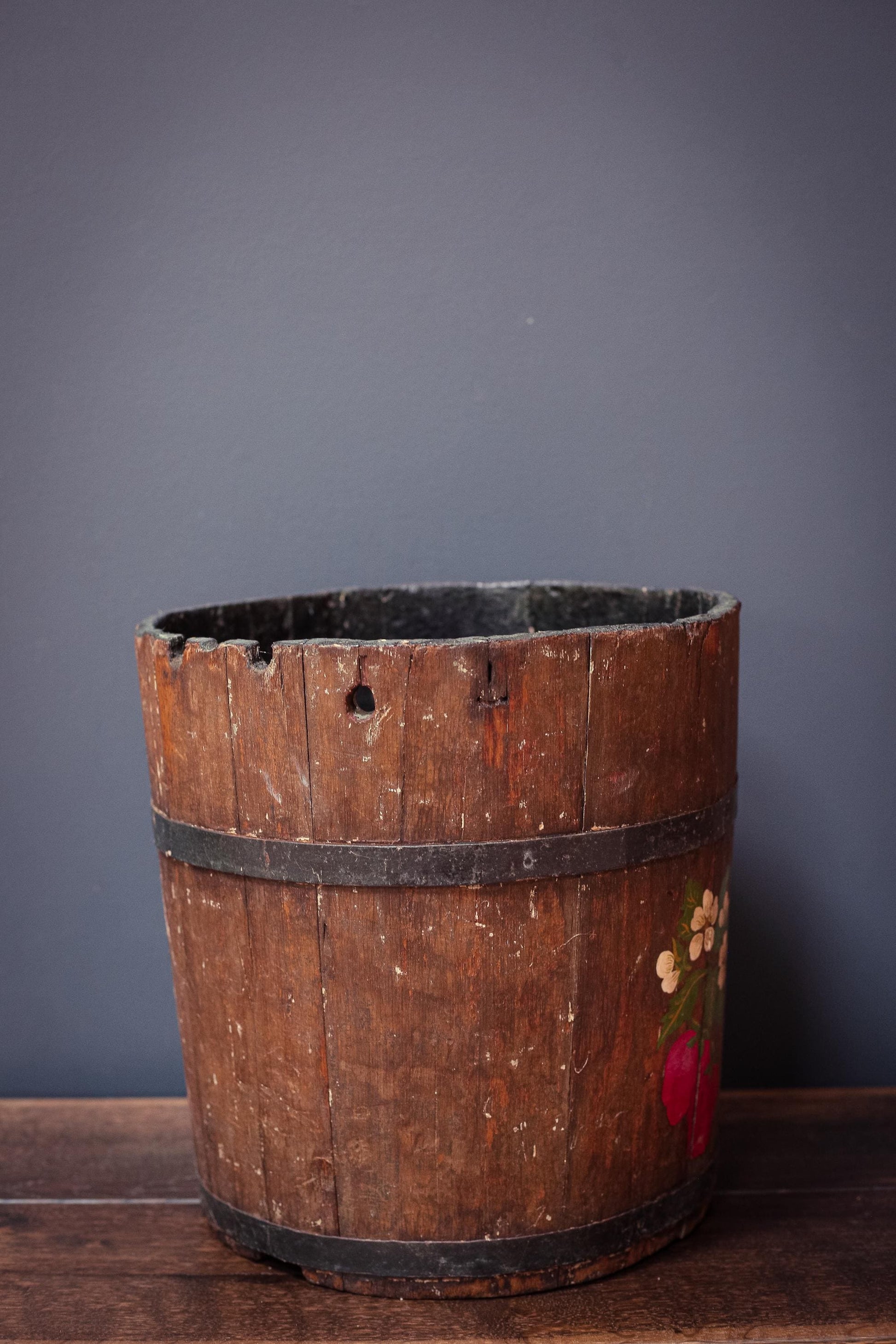 Large 13" Tole Strawberry Wooden Half Barrel - Antique Tole Painted Wood Wine Barrel Metal Ring