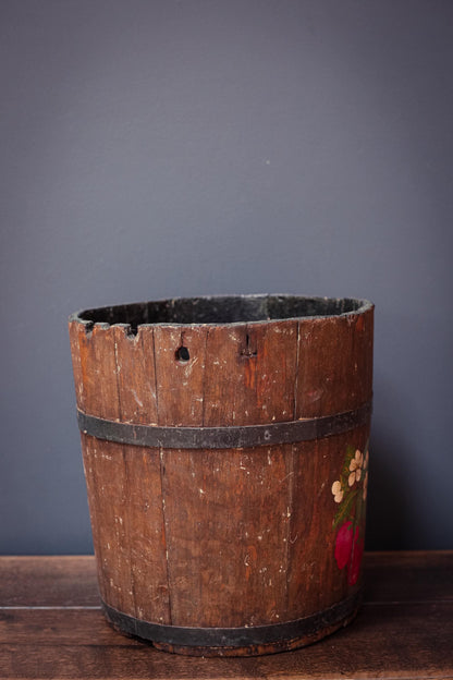 Large 13" Tole Strawberry Wooden Half Barrel - Antique Tole Painted Wood Wine Barrel Metal Ring