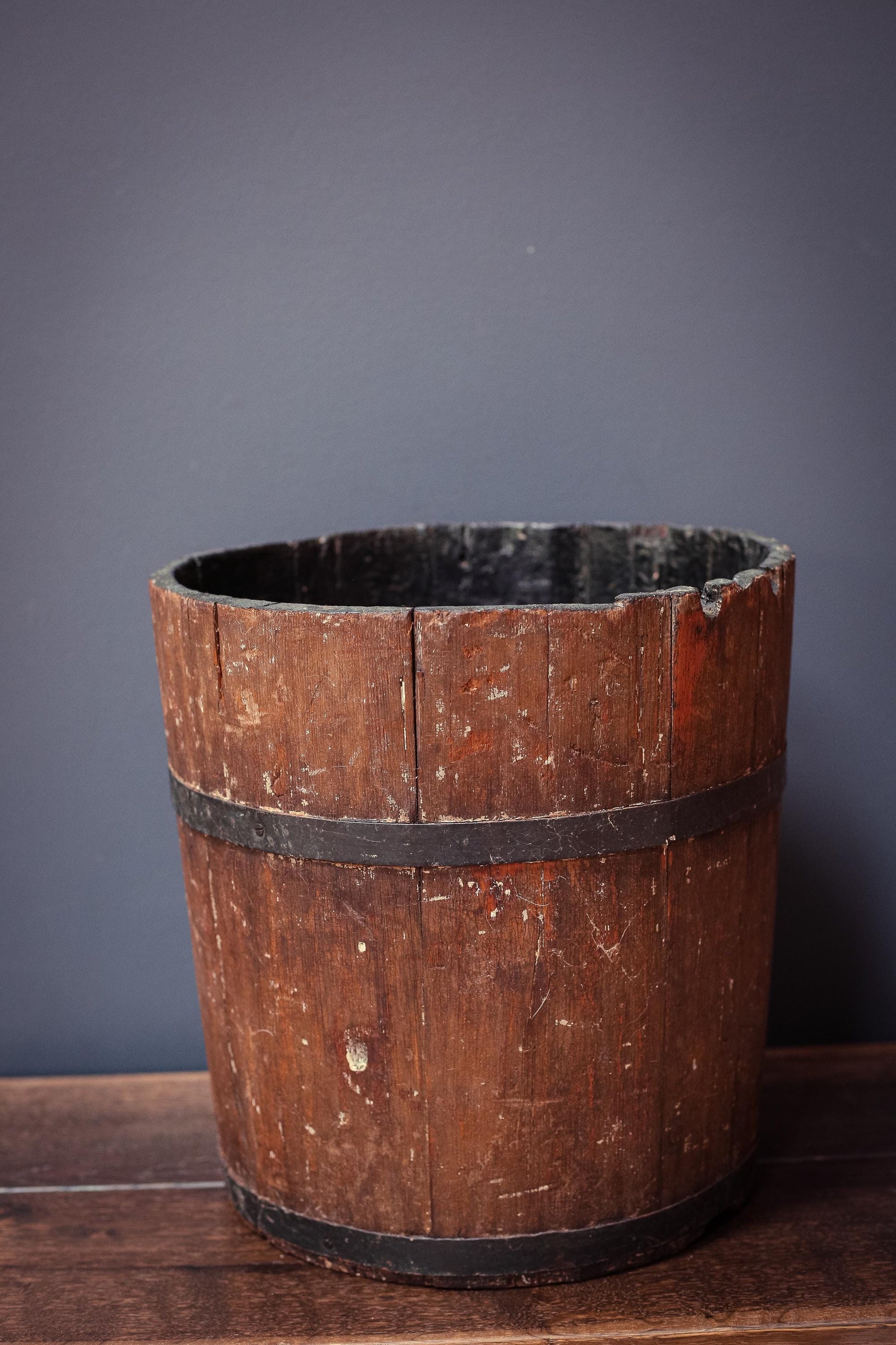 Large 13" Tole Strawberry Wooden Half Barrel - Antique Tole Painted Wood Wine Barrel Metal Ring