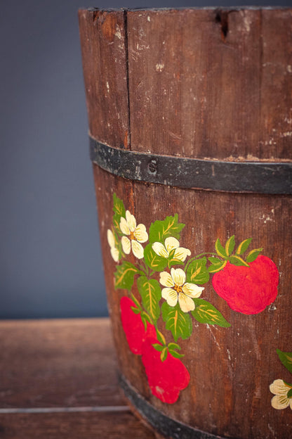 Large 13" Tole Strawberry Wooden Half Barrel - Antique Tole Painted Wood Wine Barrel Metal Ring