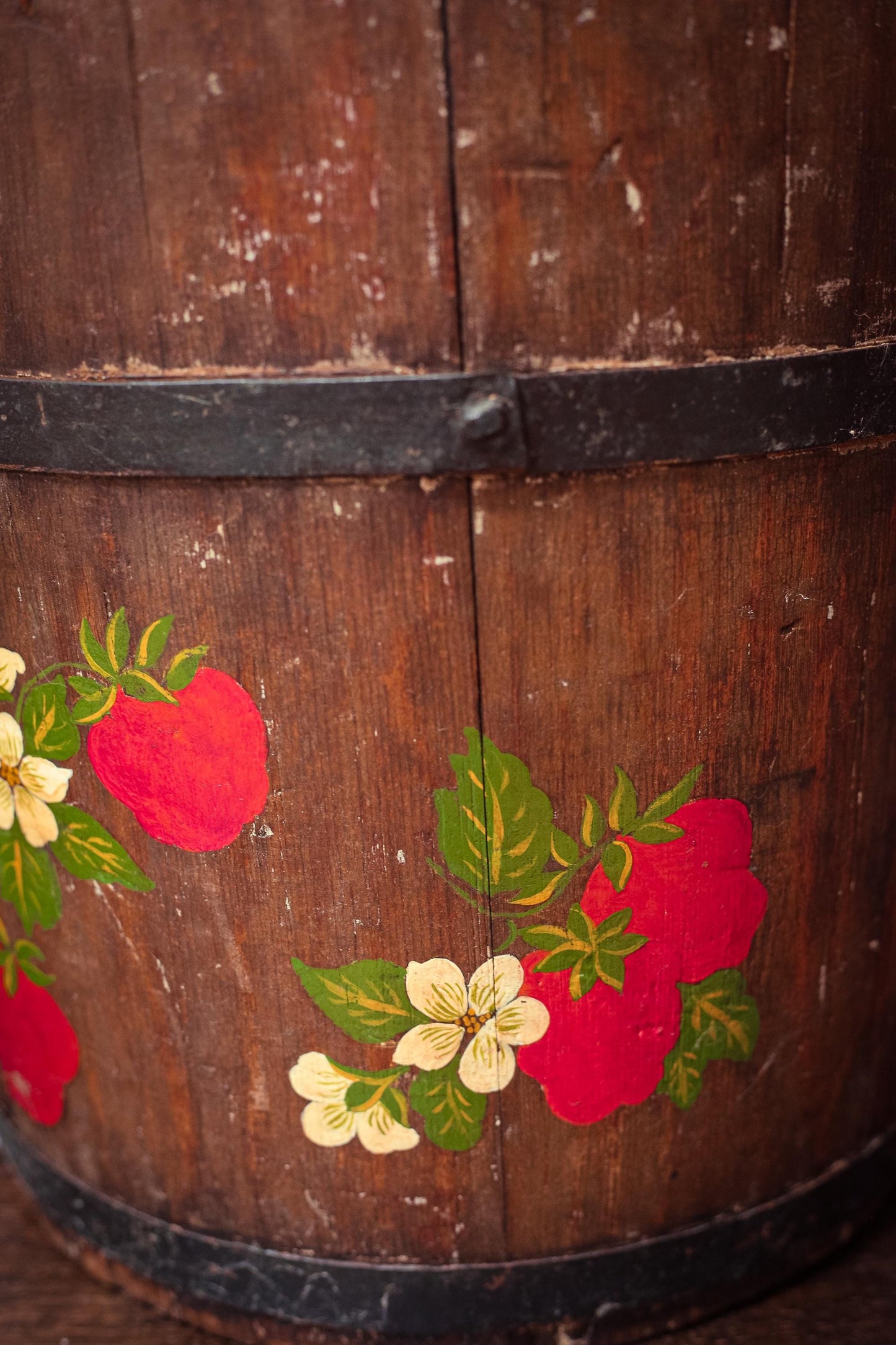 Large 13" Tole Strawberry Wooden Half Barrel - Antique Tole Painted Wood Wine Barrel Metal Ring