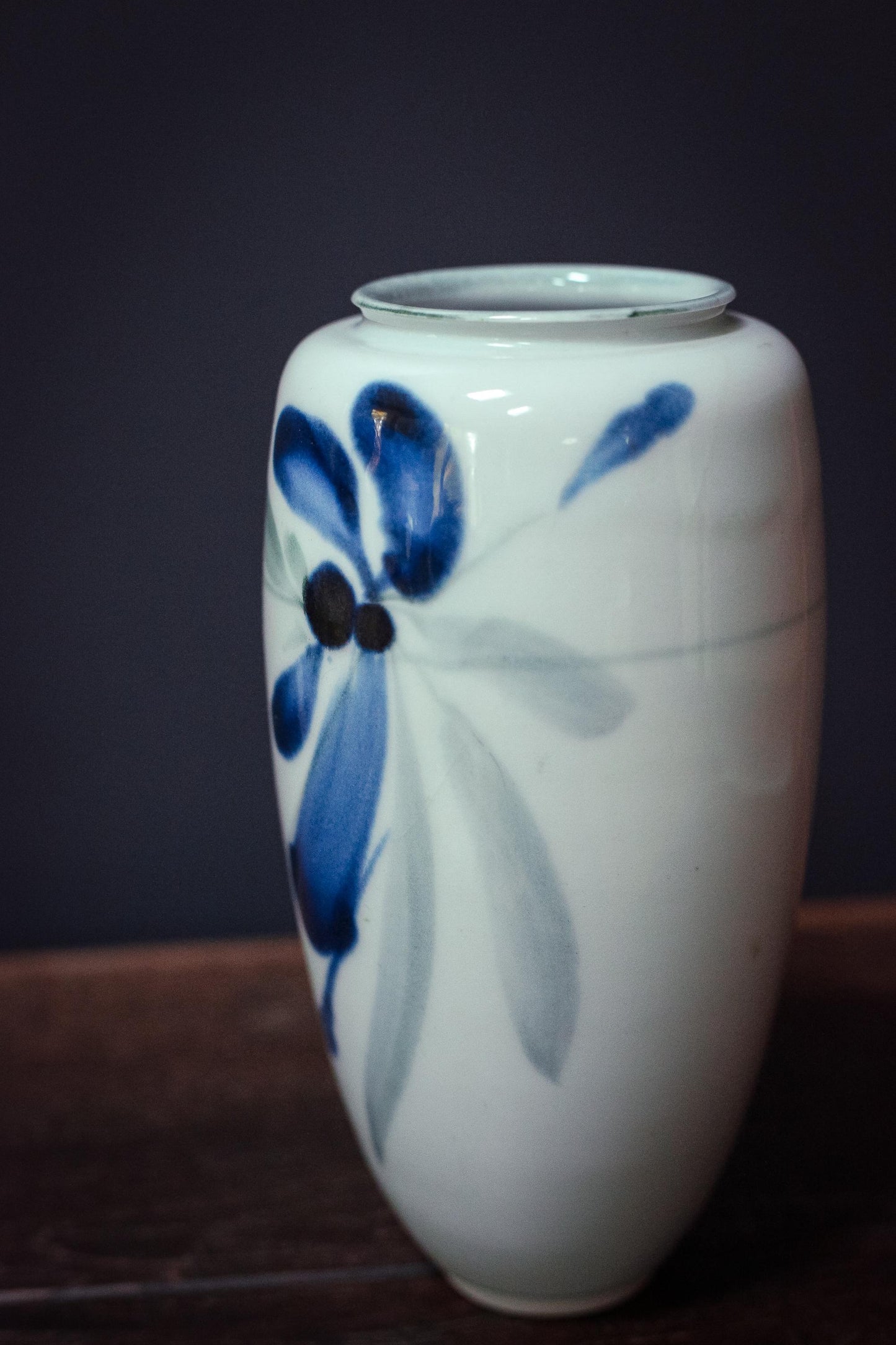Japanese Celadon and Indigo Brushstroke Floral Vase - Vintage Handpainted Fukagawa Arita