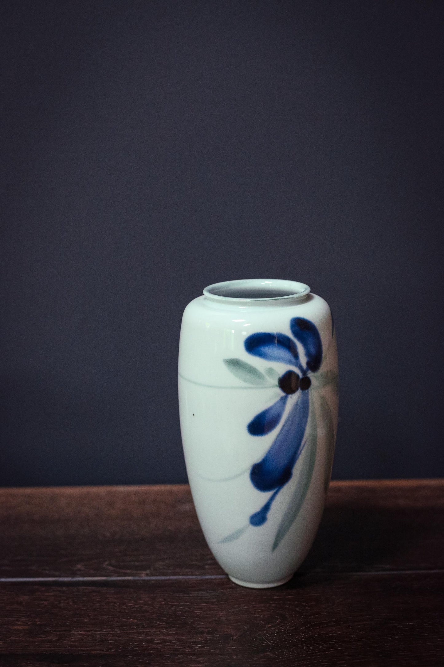 Japanese Celadon and Indigo Brushstroke Floral Vase - Vintage Handpainted Fukagawa Arita