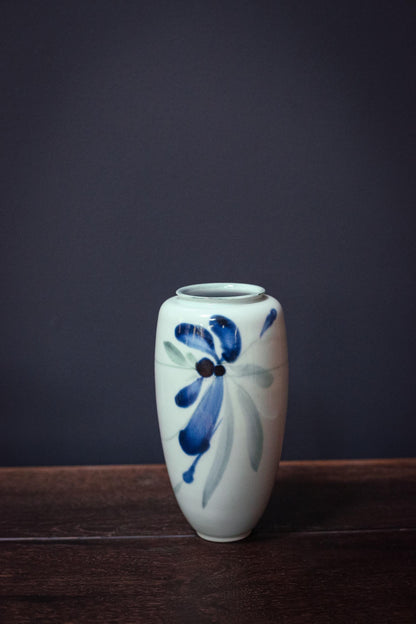 Japanese Celadon and Indigo Brushstroke Floral Vase - Vintage Handpainted Fukagawa Arita
