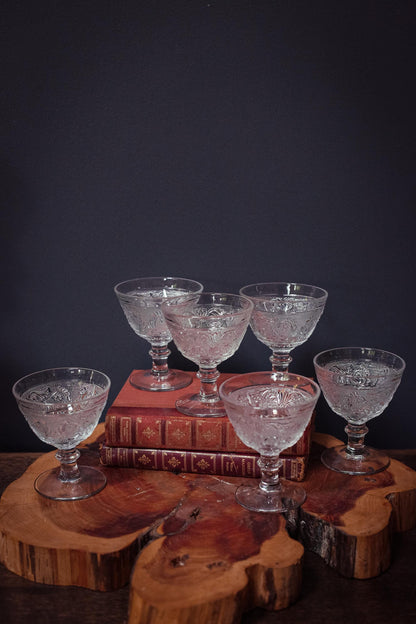 Set of 6 Pressed Glass Ice Cream Dishes - Vintage Duncan Miller Sandwich Clear Stem 41 Glassware
