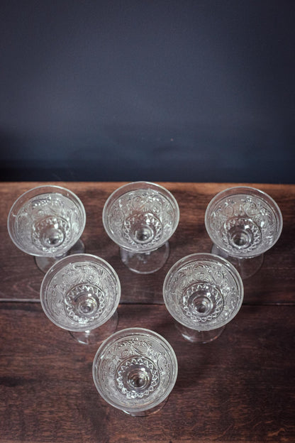 Set of 6 Pressed Glass Ice Cream Dishes - Vintage Duncan Miller Sandwich Clear Stem 41 Glassware