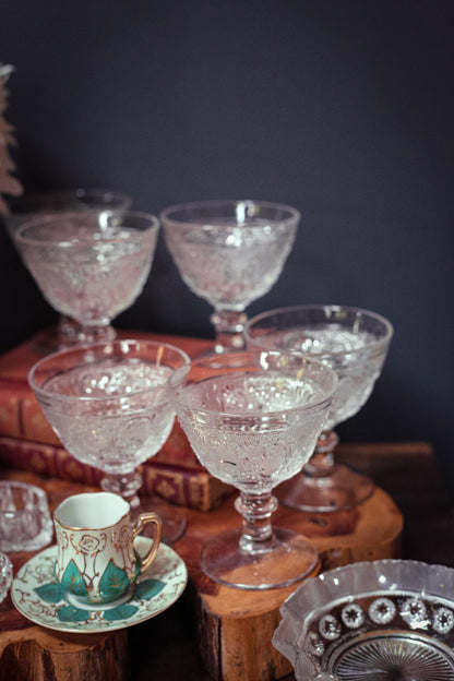 Set of 6 Pressed Glass Ice Cream Dishes - Vintage Duncan Miller Sandwich Clear Stem 41 Glassware