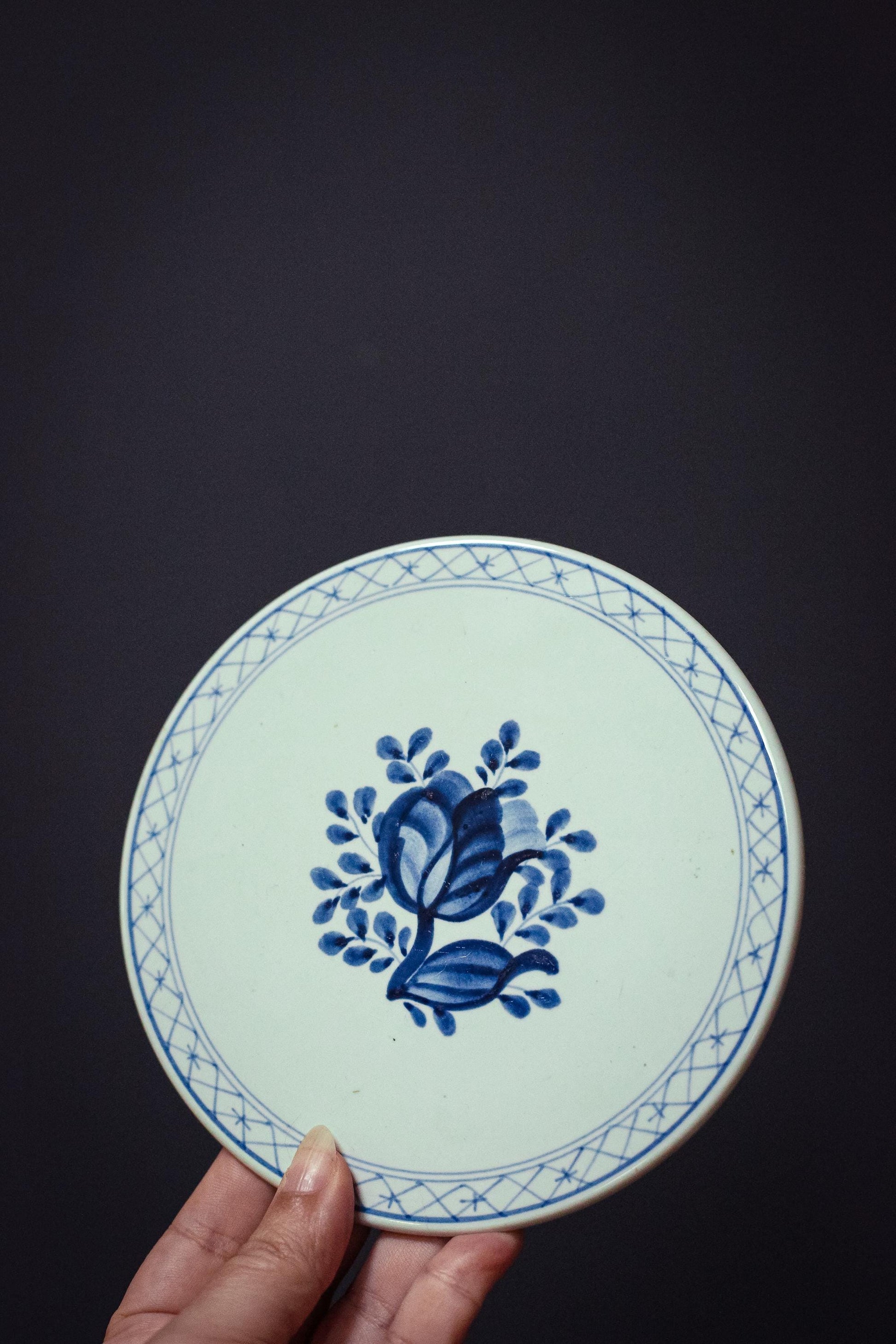 Hand Painted Royal Copenhagen Tranquebar Blue Floral with Lattice Trivet - Vintage Signed Fajance Blue and White Porcelain Ceramic Trivet