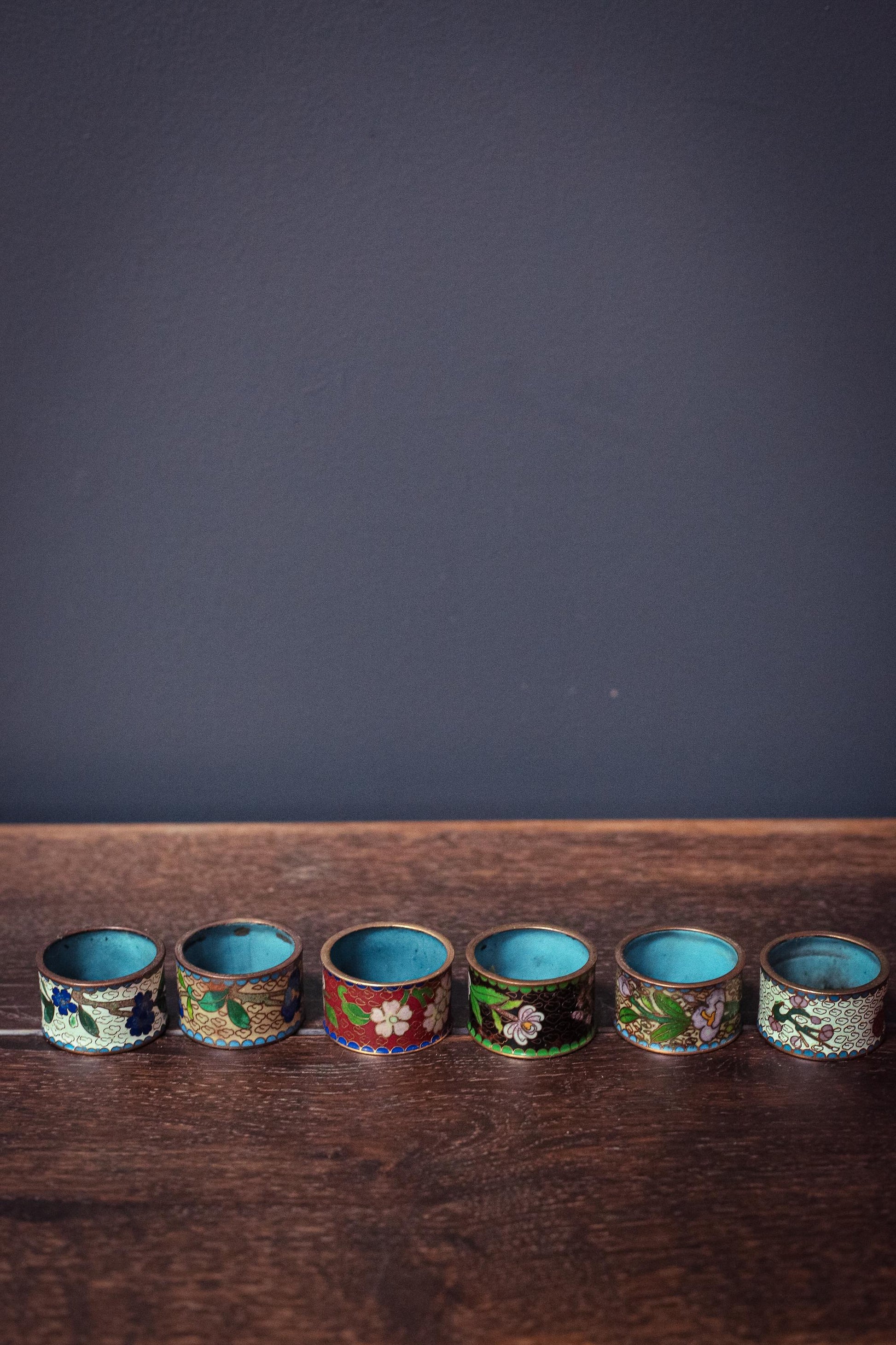 Set of 6 Cloisonne Napkin Rings - Vintage Cloisonne Brass Enamel Rings
