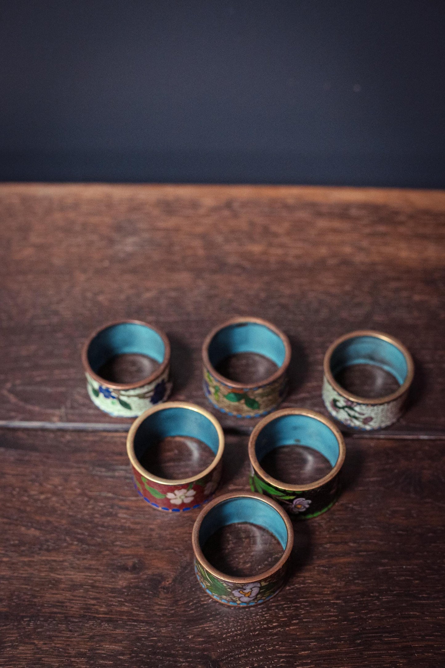 Set of 6 Cloisonne Napkin Rings - Vintage Cloisonne Brass Enamel Rings