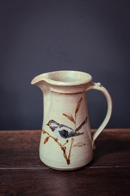Bird Pitcher Signed Studio Ceramic - Vintage Hand Painted Stoneware Pitcher