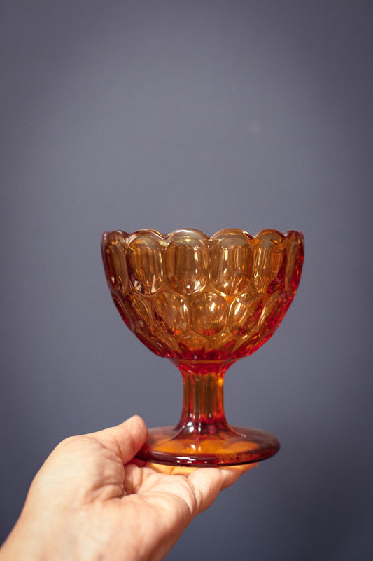 Small Amber Glass Thumbprint Pedestal Bowl - Vintage Indian Honey Glass Footed Compote Dish