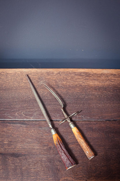 JA Henckels Germany Antler Handle Carving Fork & Sharpener - Vintage German Carving Set
