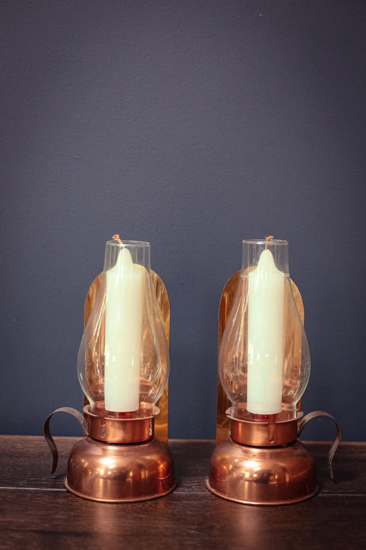 Pair of Copper & Brass Chamber Candle Holders with Glass Shield - Vintage Candle Holders