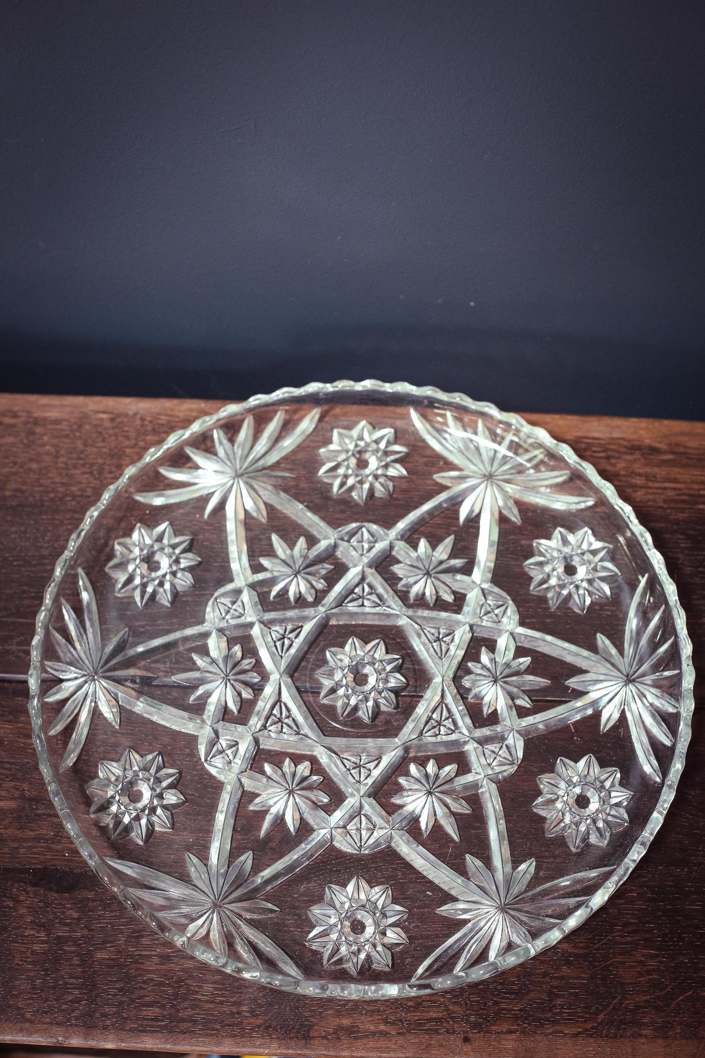 Set of 2 Anchor Hocking Prescut Extra Large Clear Torte Plates - Vintage Large Crystal Serving Platters