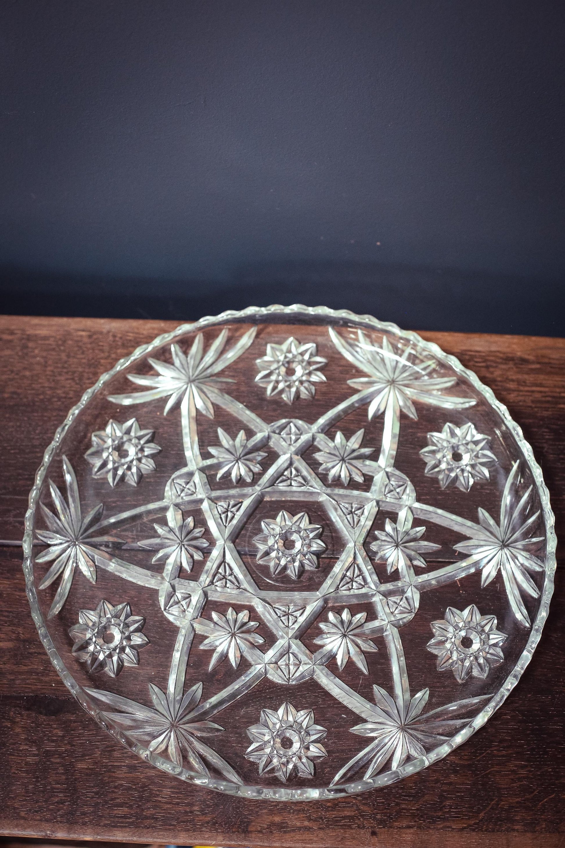 Set of 2 Anchor Hocking Prescut Extra Large Clear Torte Plates - Vintage Large Crystal Serving Platters