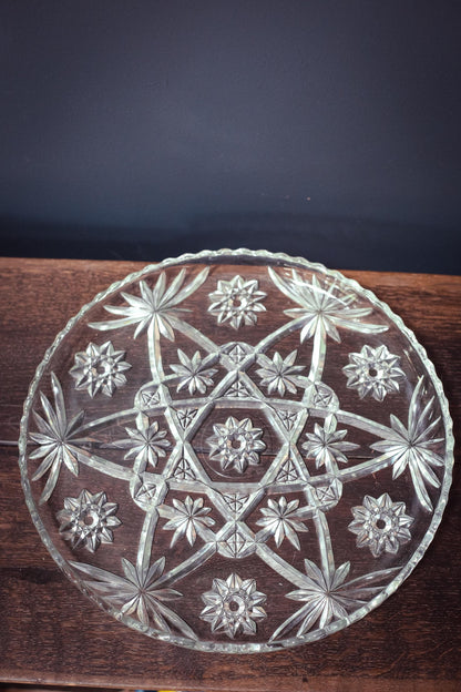 Set of 2 Anchor Hocking Prescut Extra Large Clear Torte Plates - Vintage Large Crystal Serving Platters