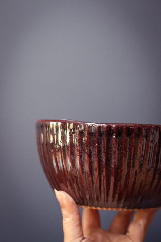 Stoneware Ridged Brown Glaze Mixing Bowl - Vintage Zanesville Ohio Ceramic Stoneware