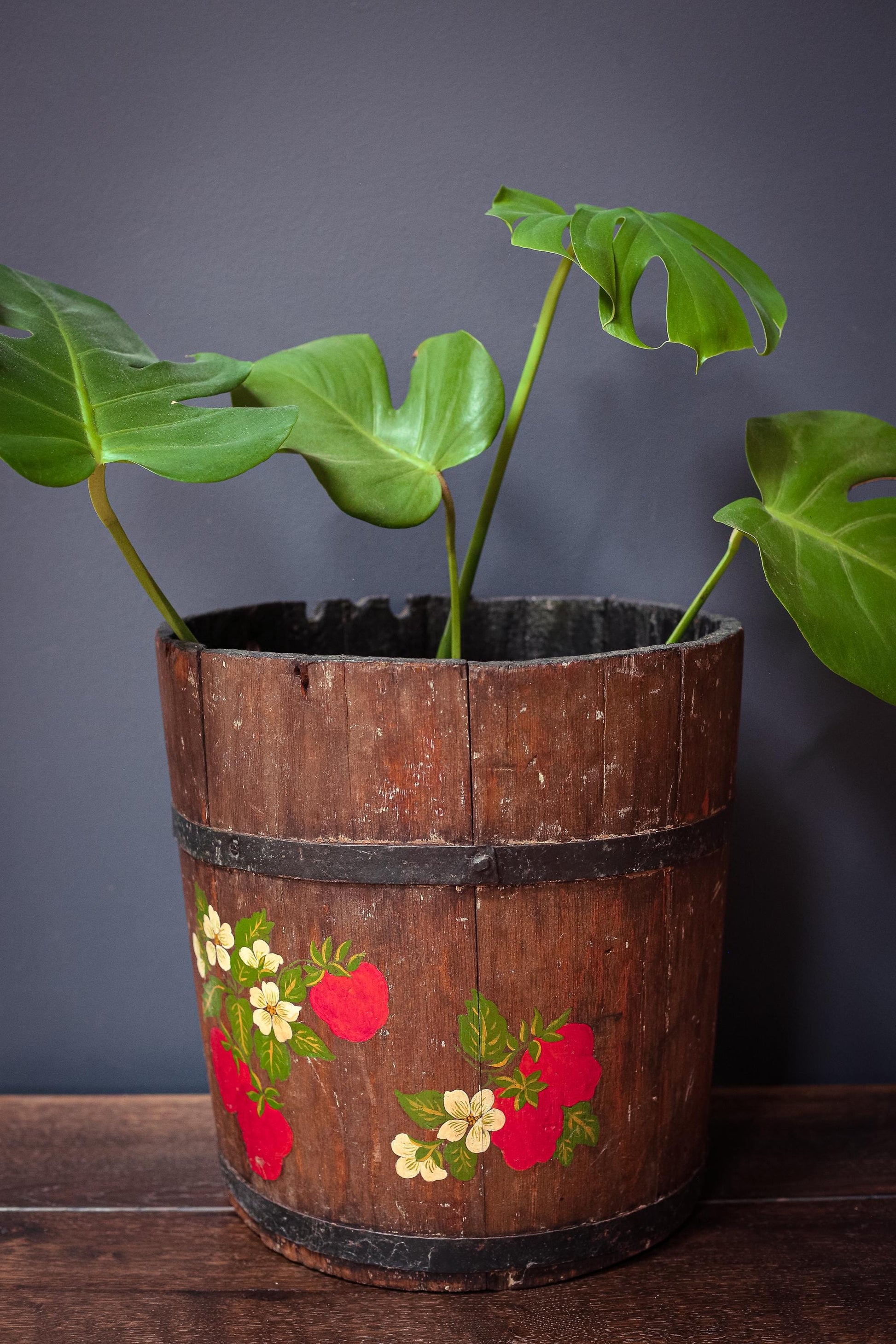 Large 13" Tole Strawberry Wooden Half Barrel - Antique Tole Painted Wood Wine Barrel Metal Ring