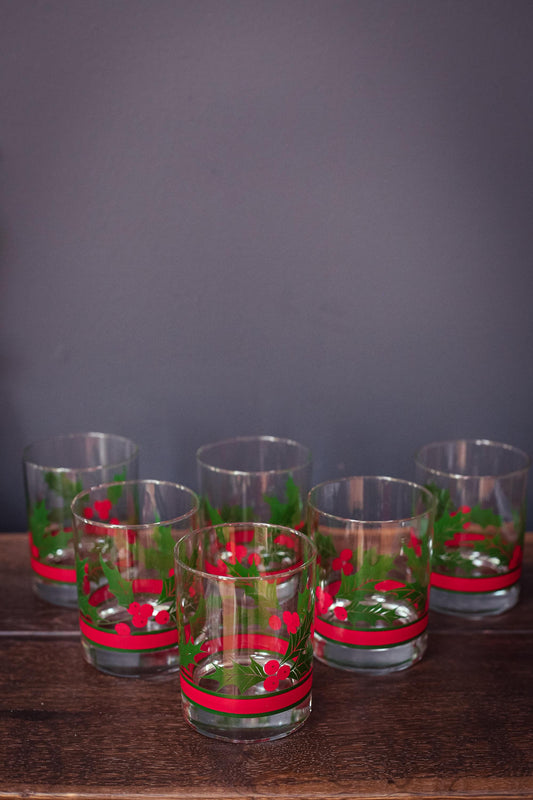 Set of 6 Libbey Holly & Berries Printed Double Old Fashioned Tumblers - Vintage Midcentury Modern Glassware