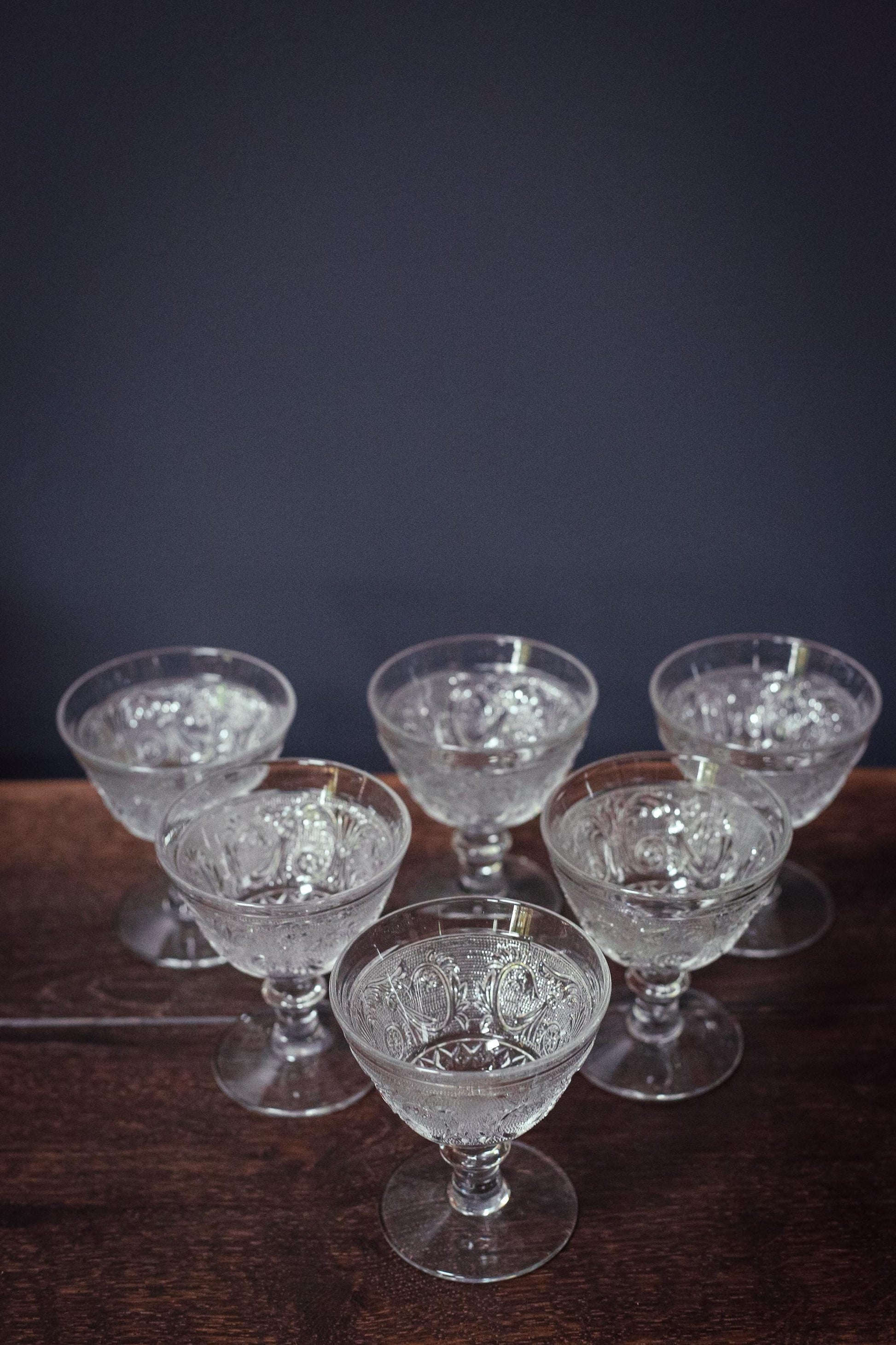 Set of 6 Pressed Glass Ice Cream Dishes - Vintage Duncan Miller Sandwich Clear Stem 41 Glassware