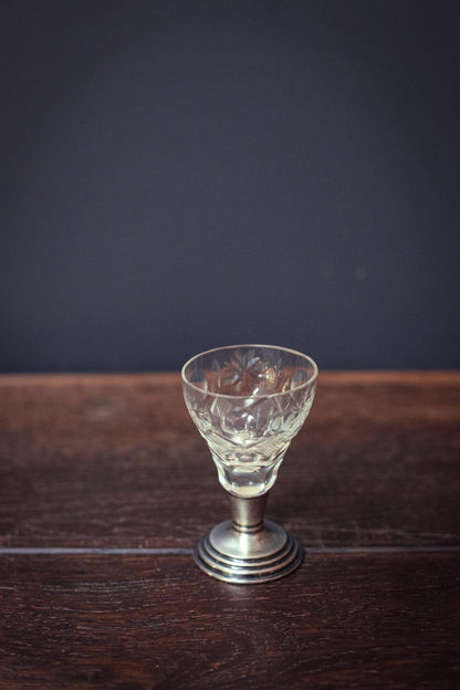Small Crystal Cordial Cup with Sterling Silver Base - Antique Cut Glass Barware