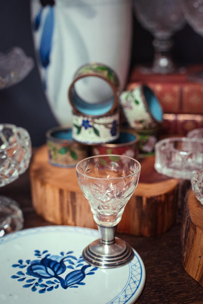 Small Crystal Cordial Cup with Sterling Silver Base - Antique Cut Glass Barware