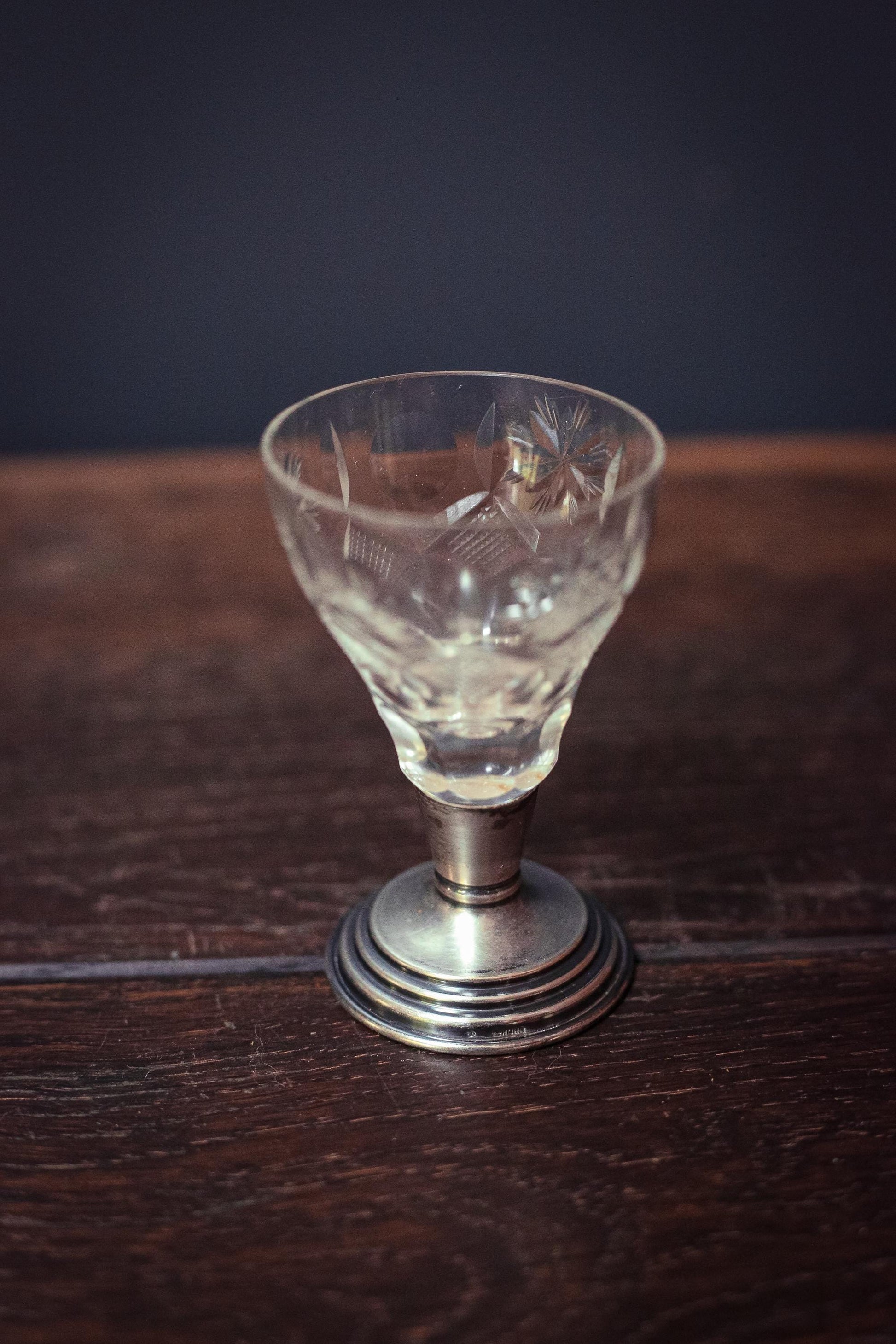Small Crystal Cordial Cup with Sterling Silver Base - Antique Cut Glass Barware