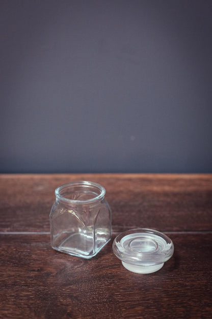 Small Glass Canister Square Base Round Lid - Vintage Apothecary Style Jar