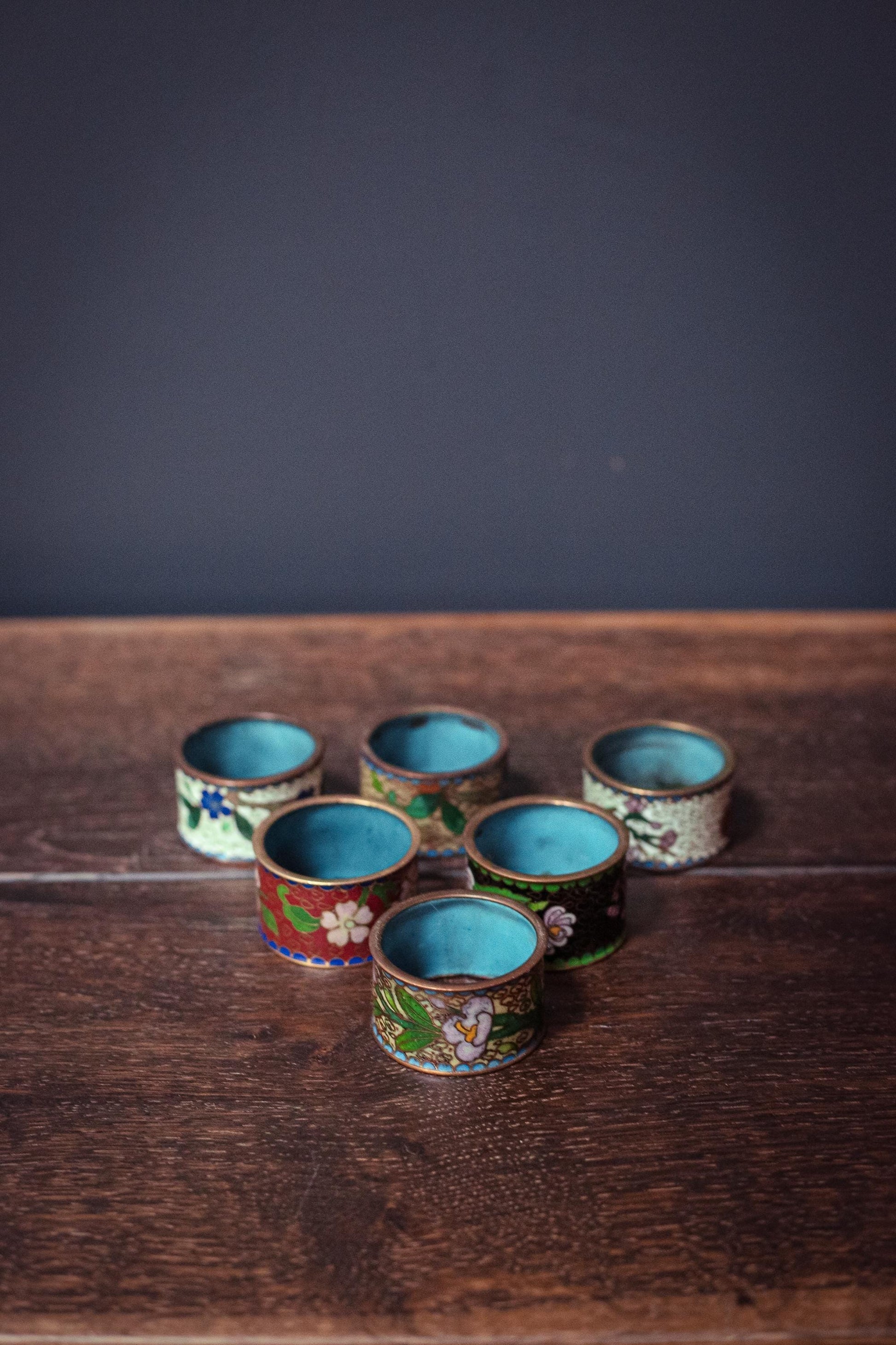 Set of 6 Cloisonne Napkin Rings - Vintage Cloisonne Brass Enamel Rings