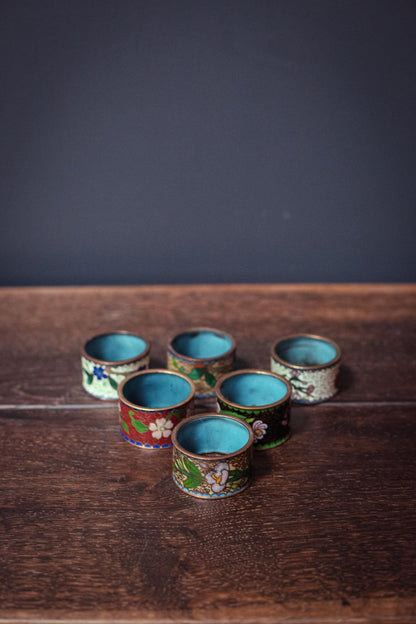 Set of 6 Cloisonne Napkin Rings - Vintage Cloisonne Brass Enamel Rings