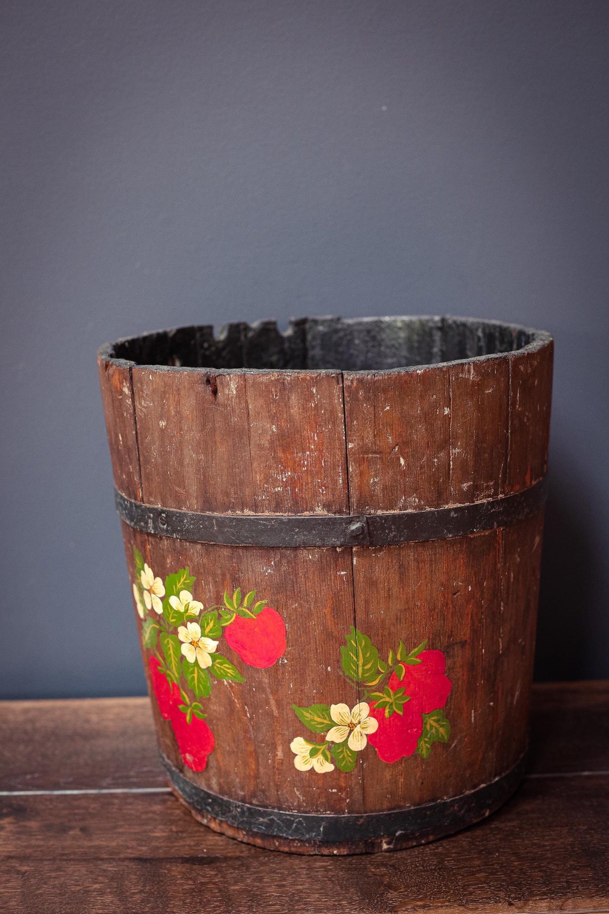 Large 13" Tole Strawberry Wooden Half Barrel - Antique Tole Painted Wood Wine Barrel Metal Ring