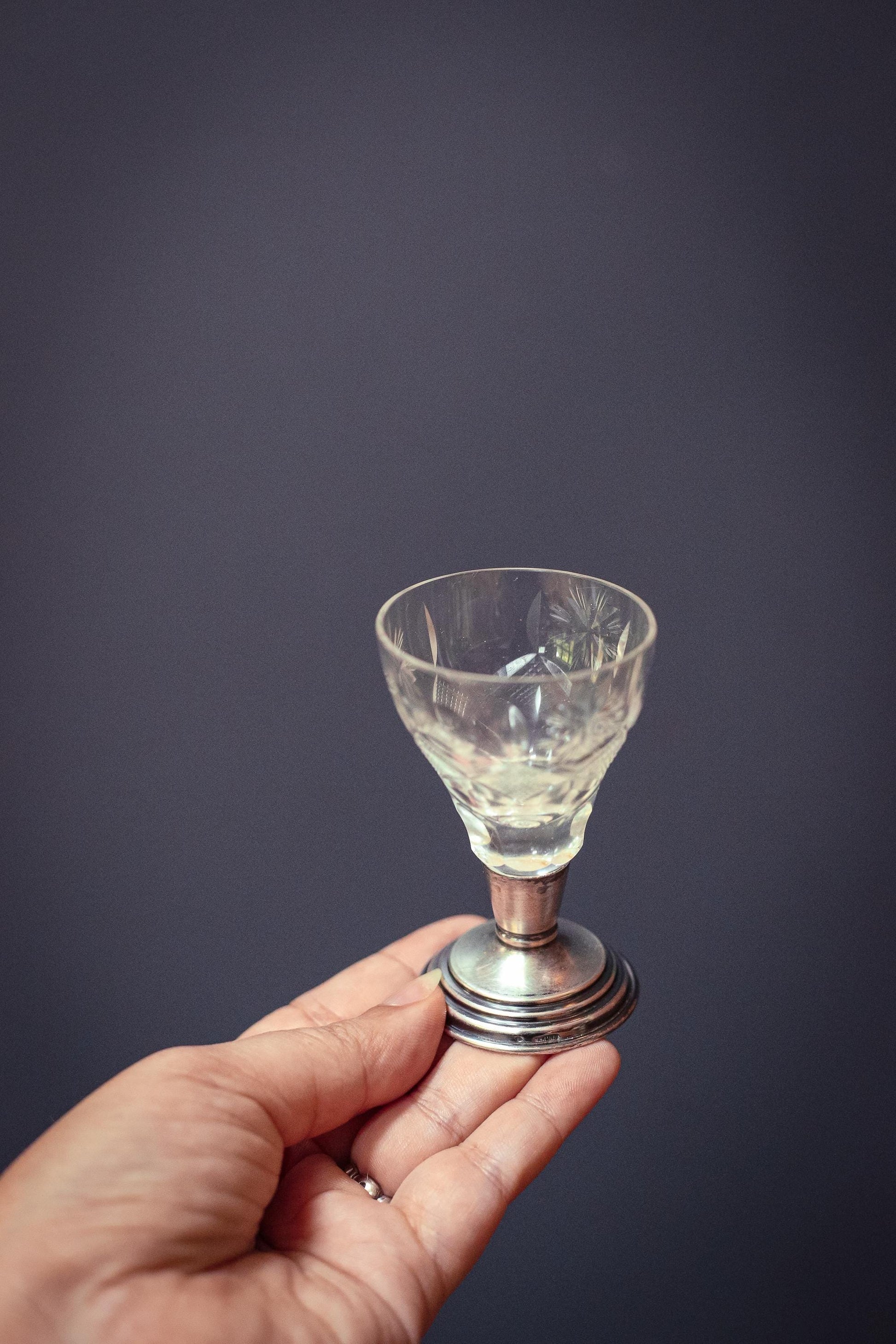 Small Crystal Cordial Cup with Sterling Silver Base - Antique Cut Glass Barware