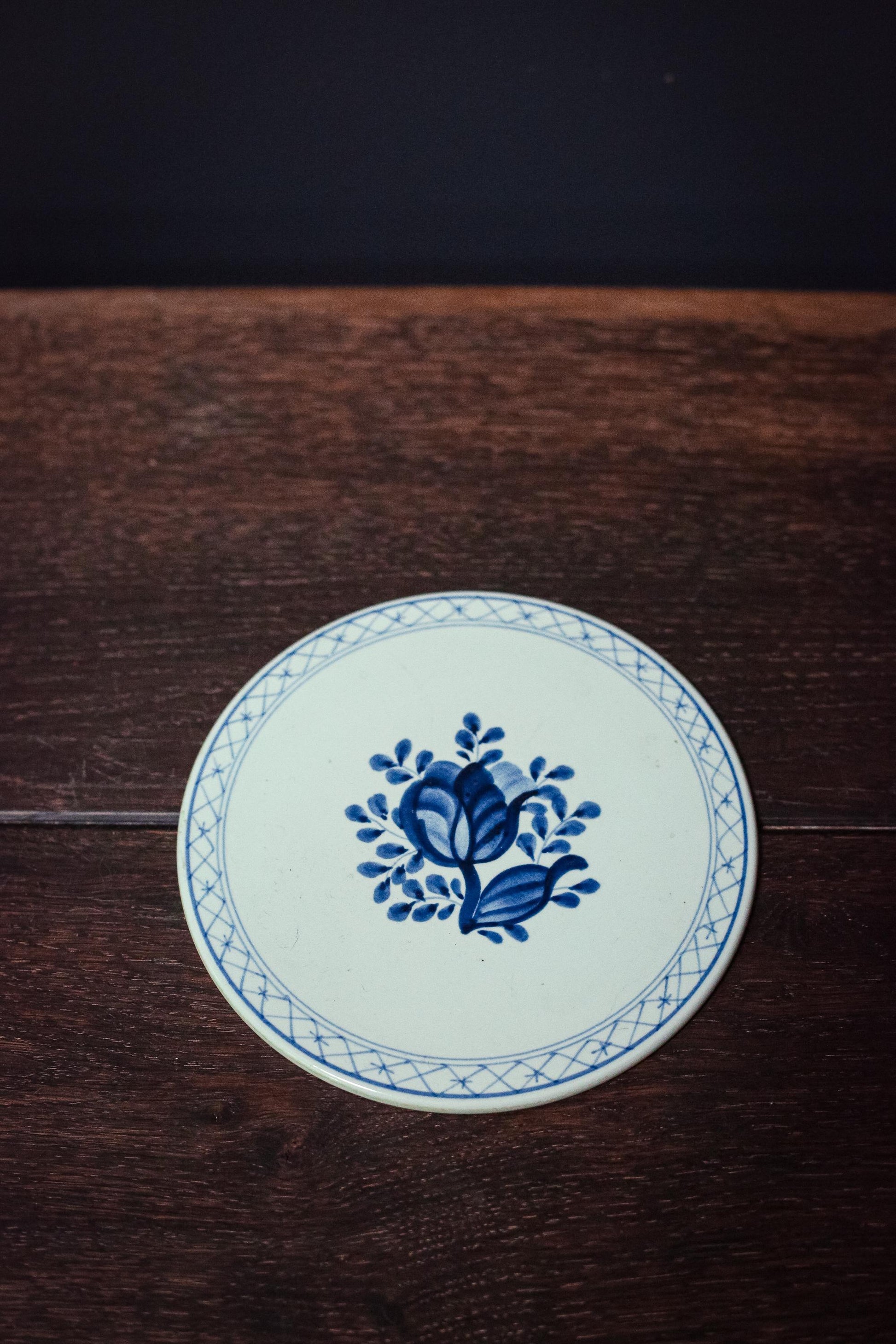 Hand Painted Royal Copenhagen Tranquebar Blue Floral with Lattice Trivet - Vintage Signed Fajance Blue and White Porcelain Ceramic Trivet