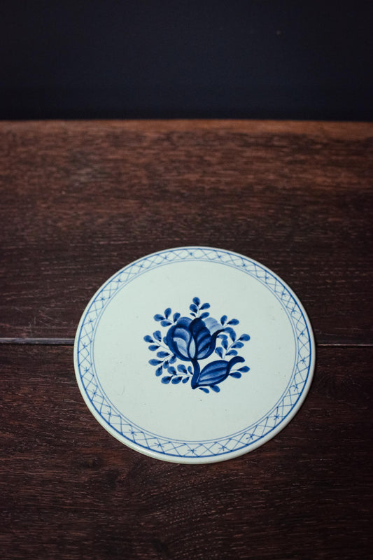 Hand Painted Royal Copenhagen Tranquebar Blue Floral with Lattice Trivet - Vintage Signed Fajance Blue and White Porcelain Ceramic Trivet