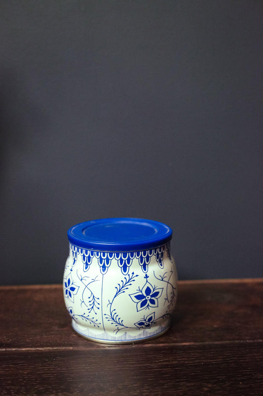 Small Blue Strawflower Metal Tin - Vintage Blue and White Tin