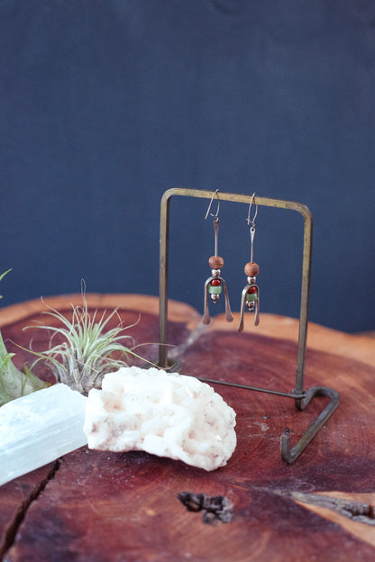 Silver Beaded Earring with Wood Carnelian Aventurine Beads- Vintage Estate Jewelry