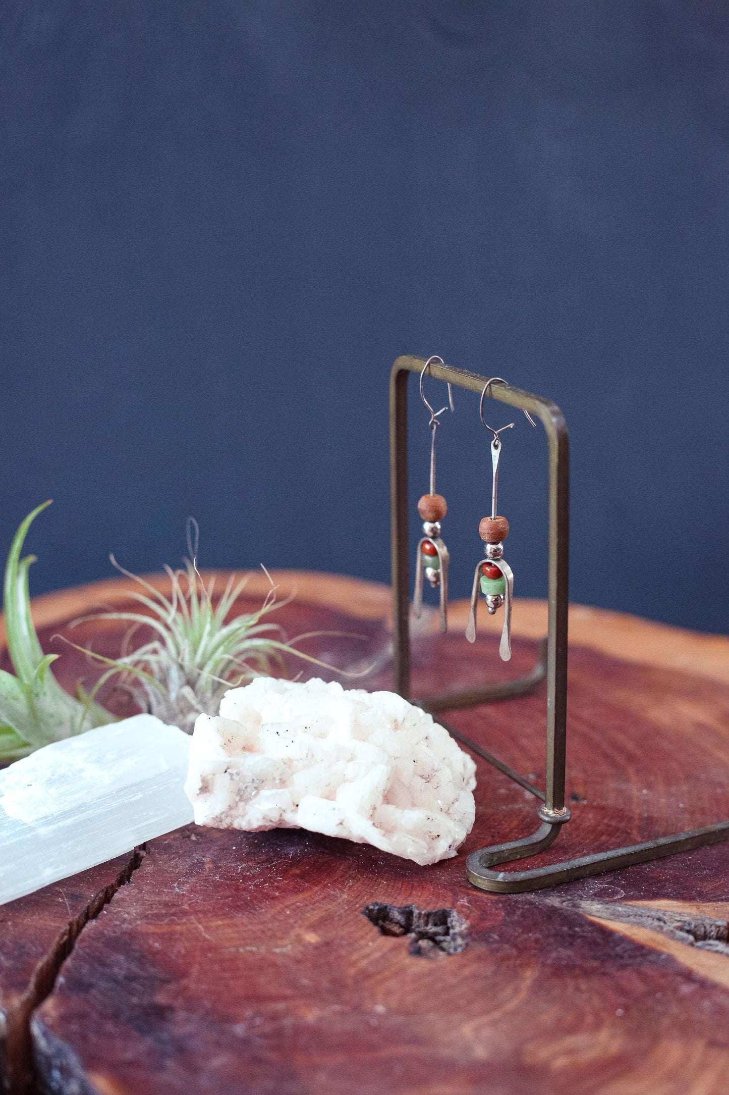 Silver Beaded Earring with Wood Carnelian Aventurine Beads- Vintage Estate Jewelry