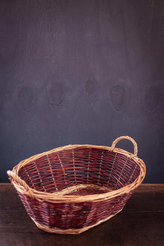 Dark Two Tone Storage Basket with Side Handles - Vintage Oval Flat Bottom Basket