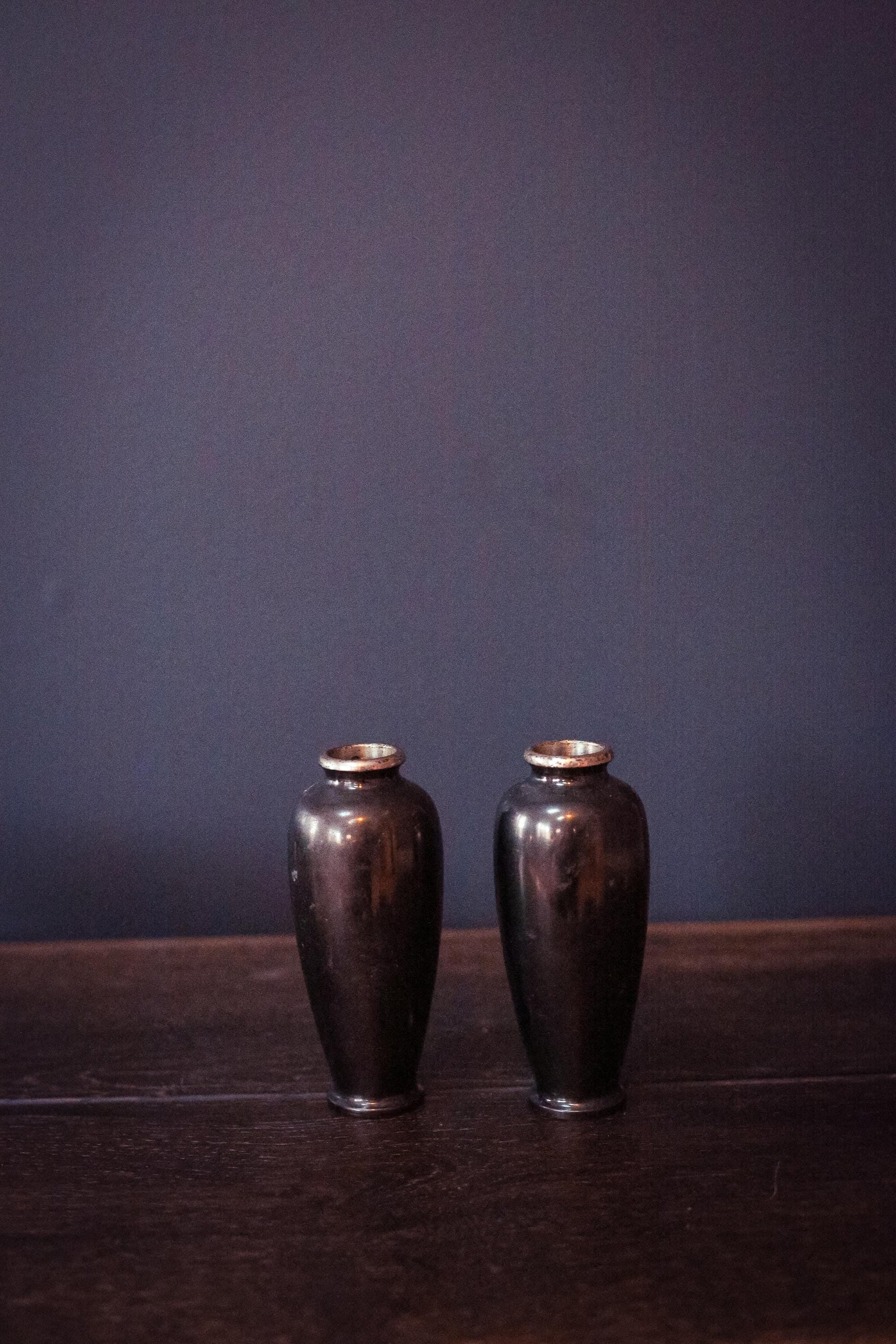 Pair of Mt Fuji Scenic Chokin Metalwork Vases - Vintage Japanese Metal Vases