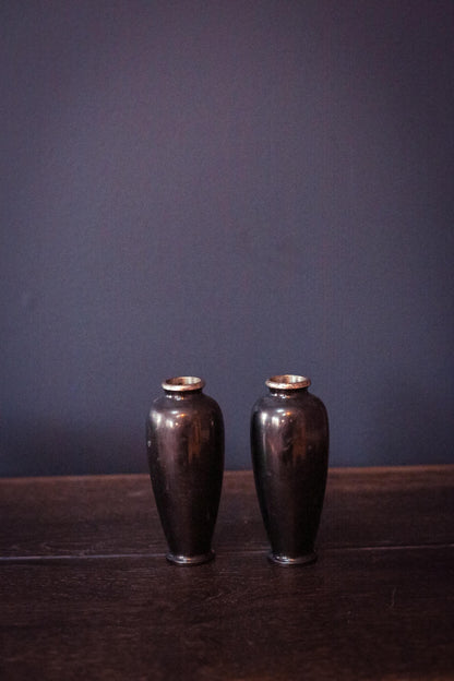 Pair of Mt Fuji Scenic Chokin Metalwork Vases - Vintage Japanese Metal Vases