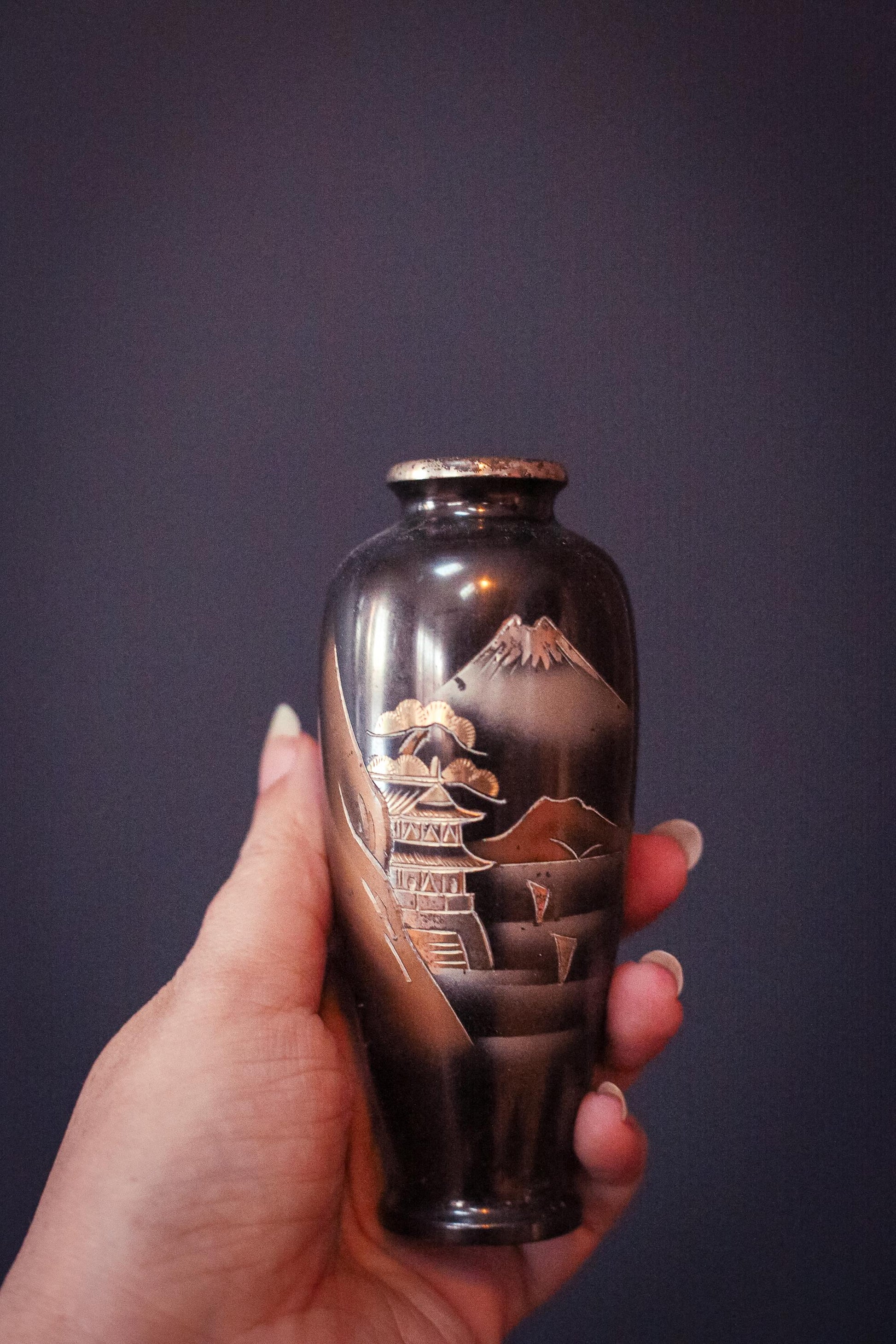 Pair of Mt Fuji Scenic Chokin Metalwork Vases - Vintage Japanese Metal Vases