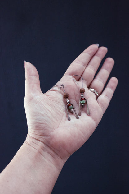 Silver Beaded Earring with Wood Carnelian Aventurine Beads- Vintage Estate Jewelry