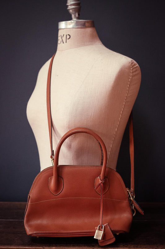 Made in France Caramel Brown Saffiano Leather Crossbody Bag with Short Handles & Brass Hardware - Vintage Focus Paris Purse