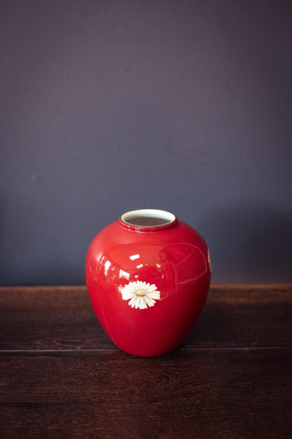 Noritake Red/Orange Vase with White Daisy - Vintage Japanese Vase