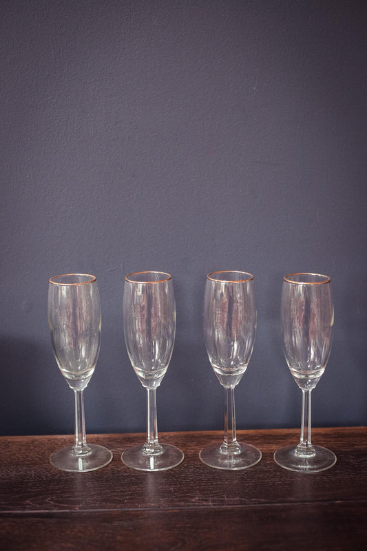 Set of 4 Gilt Rim Champagne Glasses with Hexagonal Stem - Vintage Barware Glassware