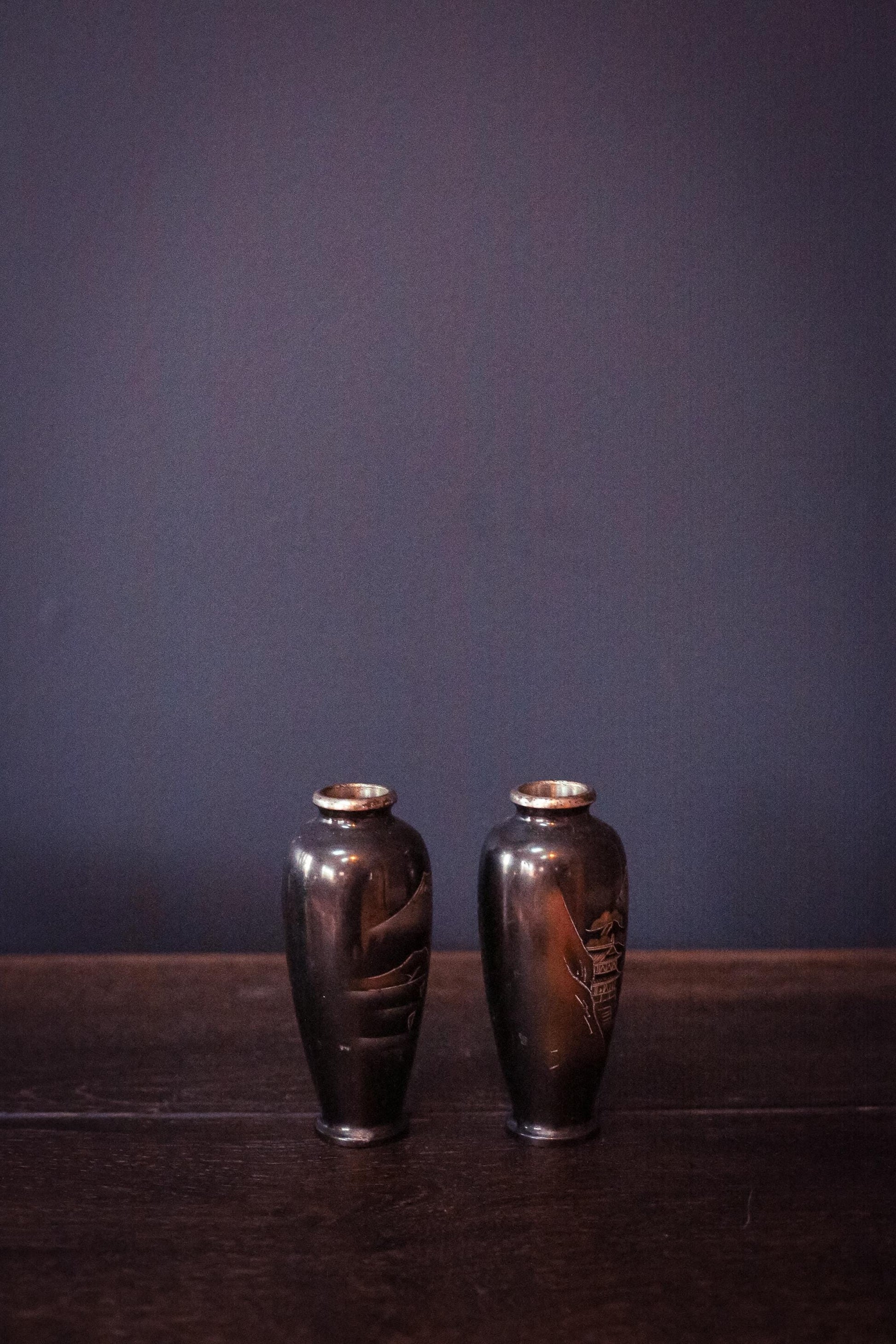 Pair of Mt Fuji Scenic Chokin Metalwork Vases - Vintage Japanese Metal Vases