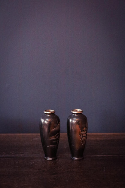 Pair of Mt Fuji Scenic Chokin Metalwork Vases - Vintage Japanese Metal Vases