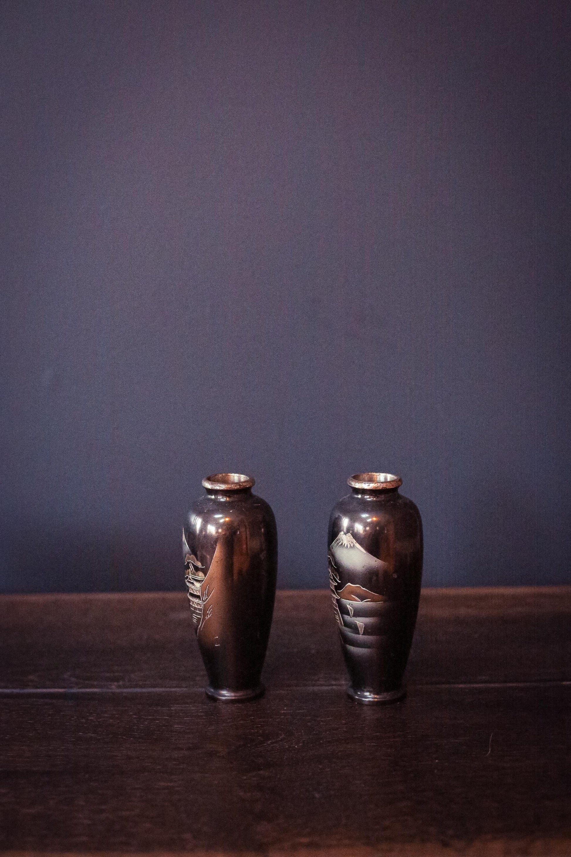 Pair of Mt Fuji Scenic Chokin Metalwork Vases - Vintage Japanese Metal Vases